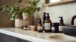 © fotofabrika - Stylish bathroom countertop featuring assorted skincare products and decorative plants in a serene, modern setting