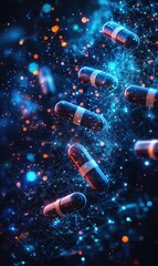 Poster - Futuristic concept of digital medicine with glowing capsules and neural networks in a high-tech blue and orange space
