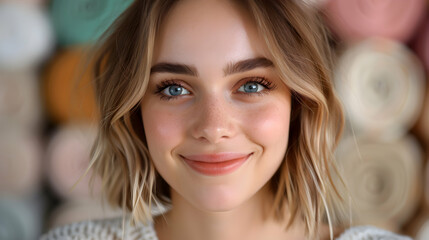 Poster - Young Woman With Rolled Carpet Taking Selfie