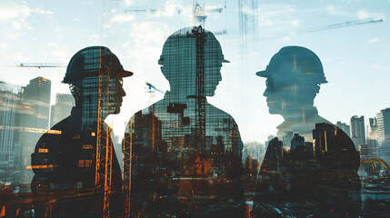 Silhouette of architects discussing a new project with a city skyline double exposure effect