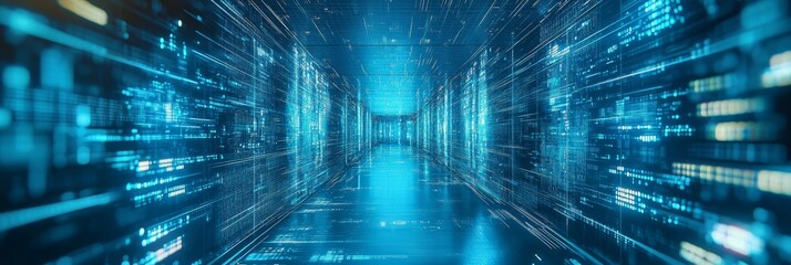 Poster - Futuristic corridor filled with data streams and code. Concept of digital networks and coding.