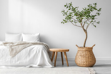 Poster - A peaceful white bedroom adorned with white bedding, a wooden stool, and a lush potted plant close to a natural light source.