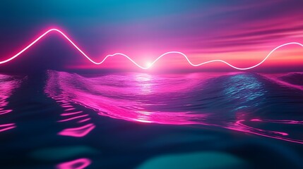 Poster - A neon pink line flows across a vibrant sunset sky reflected in the rippling ocean waves.