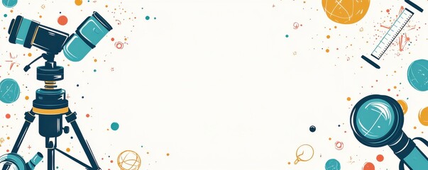 Poster - Colorful science background with telescope, magnifying glass, and mathematical symbols on a white blank page design