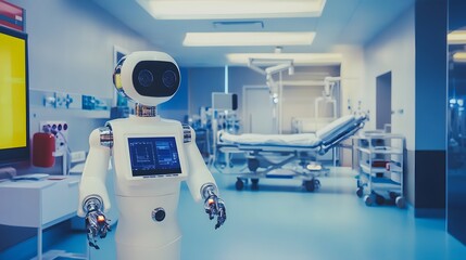 Poster - A white robot stands in a hospital room, ready to assist.
