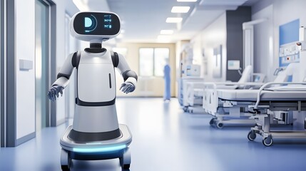 Poster - A white medical robot rolls through a hospital hallway.