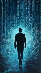 Wall Mural - Businessman silhouette walking into a vortex of digital light and data streams. Concept for technology and transformation.