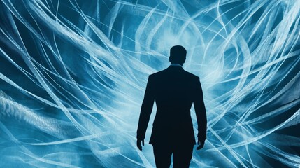 Aufkleber - Silhouette of a businessman walking into a futuristic digital vortex of light and data lines. Represents technology and progress.