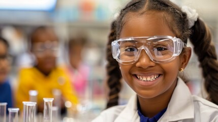 Poster - A young girl wearing safety goggles is smiling at the camera