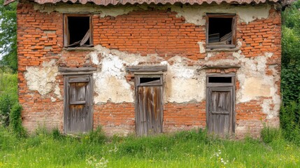 Canvas Print - A dilapidated building with two doors and a window in the front, AI