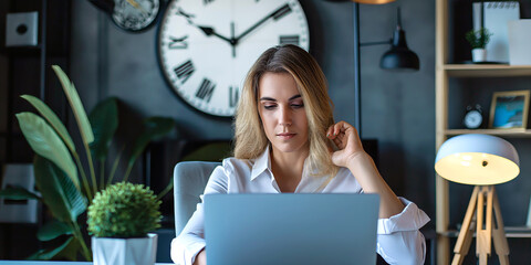 Wall Mural - a businesswoman in a modern office, multitasking with a laptop, smartphone, and a large wall clock b