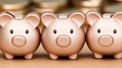 Canvas Print - Three piggy banks lined up on a table with coins in them, AI