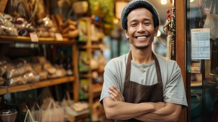 Smiling man in an apron standing in his shop.