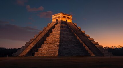 majestic mayan pyramid silhouette against a vibrant twilight sky.