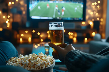 Wall Mural - A person enjoying a football match from the comfort of their home, with a glass of beer and popcorn on the table.