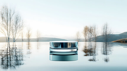 minimalist display of a glass cosmetic jar floating gently on a spring pond, with reflections of trees and sky, highlighting the product’s eco-conscious