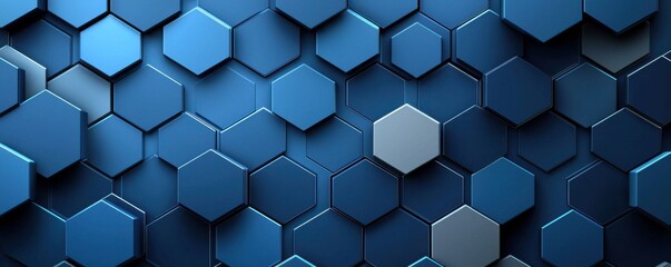 Poster - Abstract blue background with 3D hexagonal pattern and dynamic light lines creating a futuristic and modern design.