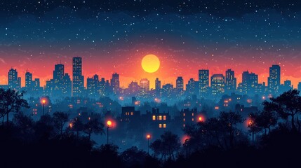 Wall Mural - Vibrant city skyline at sunset with glowing lights and trees.