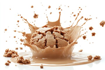 A cookie in a splash of chocolate milk on a white background.