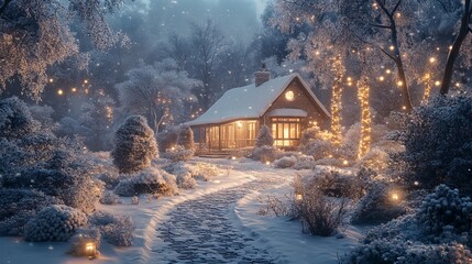 Wall Mural - Snow-covered footpath leading to a cozy home, with warm lights glowing through the windows and a welcoming front porch. 4K hyperrealistic photo.