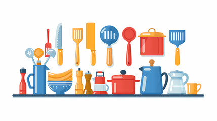 A simple vector icon illustration depicting the group of kitchenware items at center for a website isolated white background