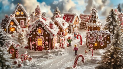 Enchanting gingerbread village with snowy decorations, twinkling lights, and colorful candy canes creating a festive holiday atmosphere.