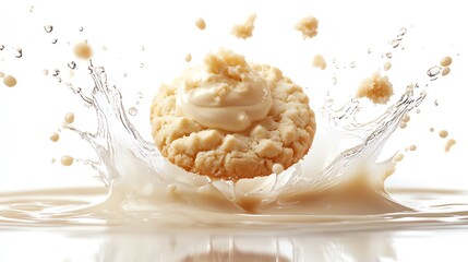 A cookie with white chocolate frosting splashing into a pool of cream.