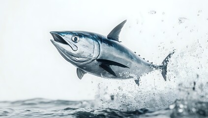 A tuna leaping out of the water, creating a spray of water droplets.