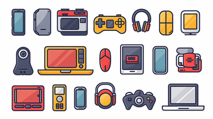 A simple vector icon illustration depicting the group of  tech gadget items at center for a website isolated white background 