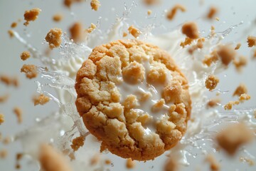 A crispy cookie dunked in a pool of milk, creating a delightful splash of cream and crumbles.