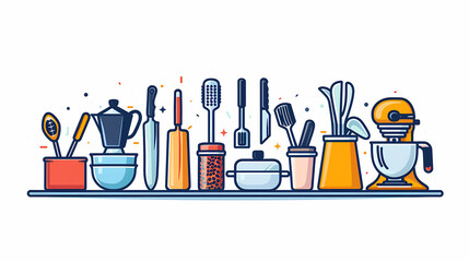 A simple vector icon illustration depicting the group of kitchenware items at center for a website isolated white background