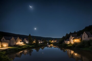 Wall Mural - A bright crescent moon in a starry sky casting soft light over a quiet village, AI Generated