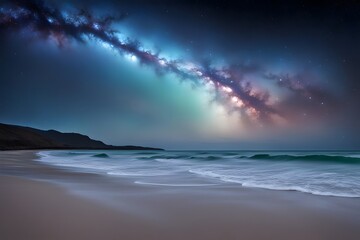 Wall Mural - A cosmic starry night with distant nebulae glowing softly set over a peaceful ocean, AI Generated