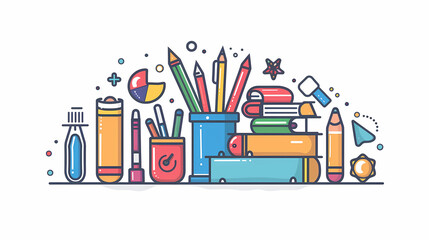 A simple vector icon illustration depicting the group of school supply items at center for a website isolated white background