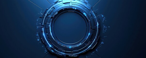 Poster - Cutting-edge blue metallic circular shape with abstract geometric lines on dark futuristic background for technology and design concepts
