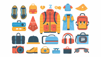 A simple vector icon illustration depicting the group of clothing and accessories items at center for a website isolated white background 