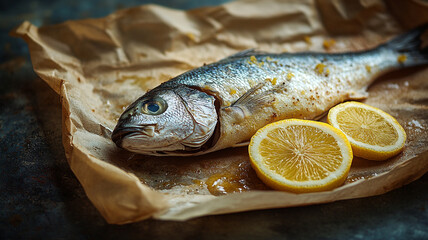 Wall Mural - Freshly caught sea bass with lemon slices.