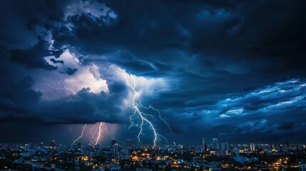 Wall Mural - Dramatic Thunderstorm Over Illuminated Cityscape at Night