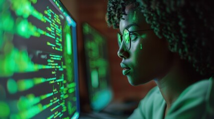 Poster - A woman wearing glasses is looking at a computer screen with green text