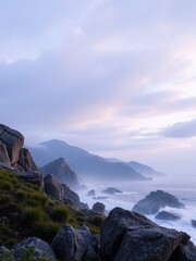 Poster - Misty morning over a rocky, wild coastline.