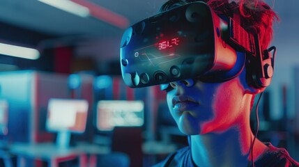 Aufkleber - A man wearing a virtual reality headset is looking at a screen