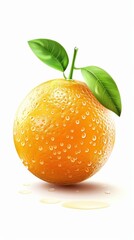 Poster - Freshly harvested orange with water droplets on its skin, showcasing vibrant color and green leaves