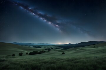 Wall Mural - A starry night in a quiet countryside with rolling hills and a faint glow on the horizon highlight, Ai Generated