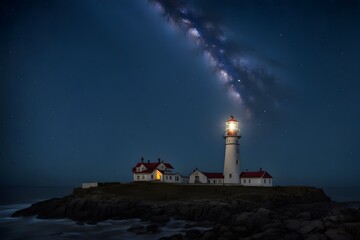 Poster - A starry sky above a lighthouse with stars reflecting off the ocean and the lighthouses