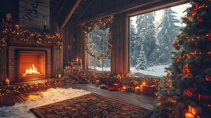 Canvas Print - Rustic cabin decorated for Christmas with garlands, candles, a natural pine tree, and snow outside the window. 4K hyperrealistic photo.