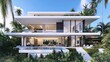 © typepng - Modern luxury house with pool and parking offering a sunny day by the azure coastline with palm trees and flowers in a tropical island.