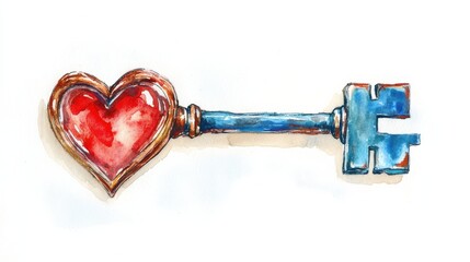 Poster - A watercolor illustration of a unique heart-shaped key showcasing vibrant colors, symbolizing love and connection