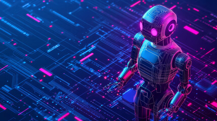 Poster - A 3D vector illustration of an AI robot composed of wireframe polygons and interconnected dots against a technology blue background. Features include an AI chip and chatbot elements on a futuristic 