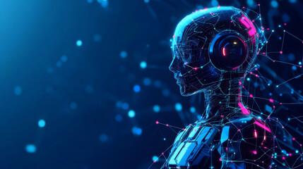 Poster - A 3D vector illustration of an AI robot composed of wireframe polygons and interconnected dots against a technology blue background. Features include an AI chip and chatbot elements on a futuristic 