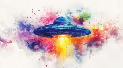 Poster - A colorful depiction of a UFO hovering above a vibrant cosmic background with beams of light illuminating the scene